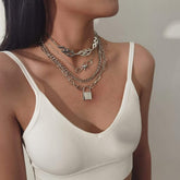 Multi-layer Silver Tone Lock & Bow Charm Pendant Fire Flame Cool Choker Necklace Set